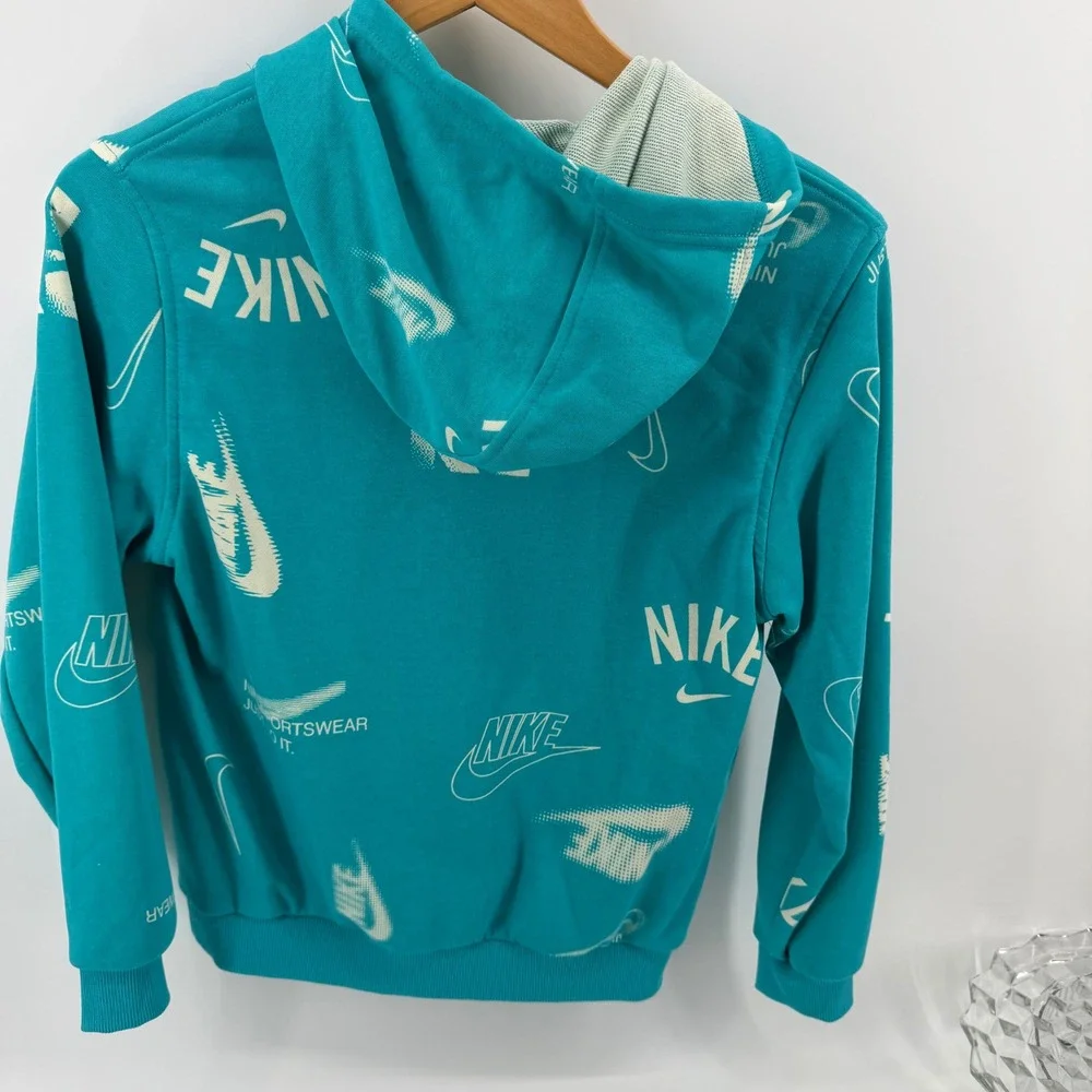 Nike Kids Hoodie Turquoise All Over Logo Print Graphic Sweatshirt Size Large NEW